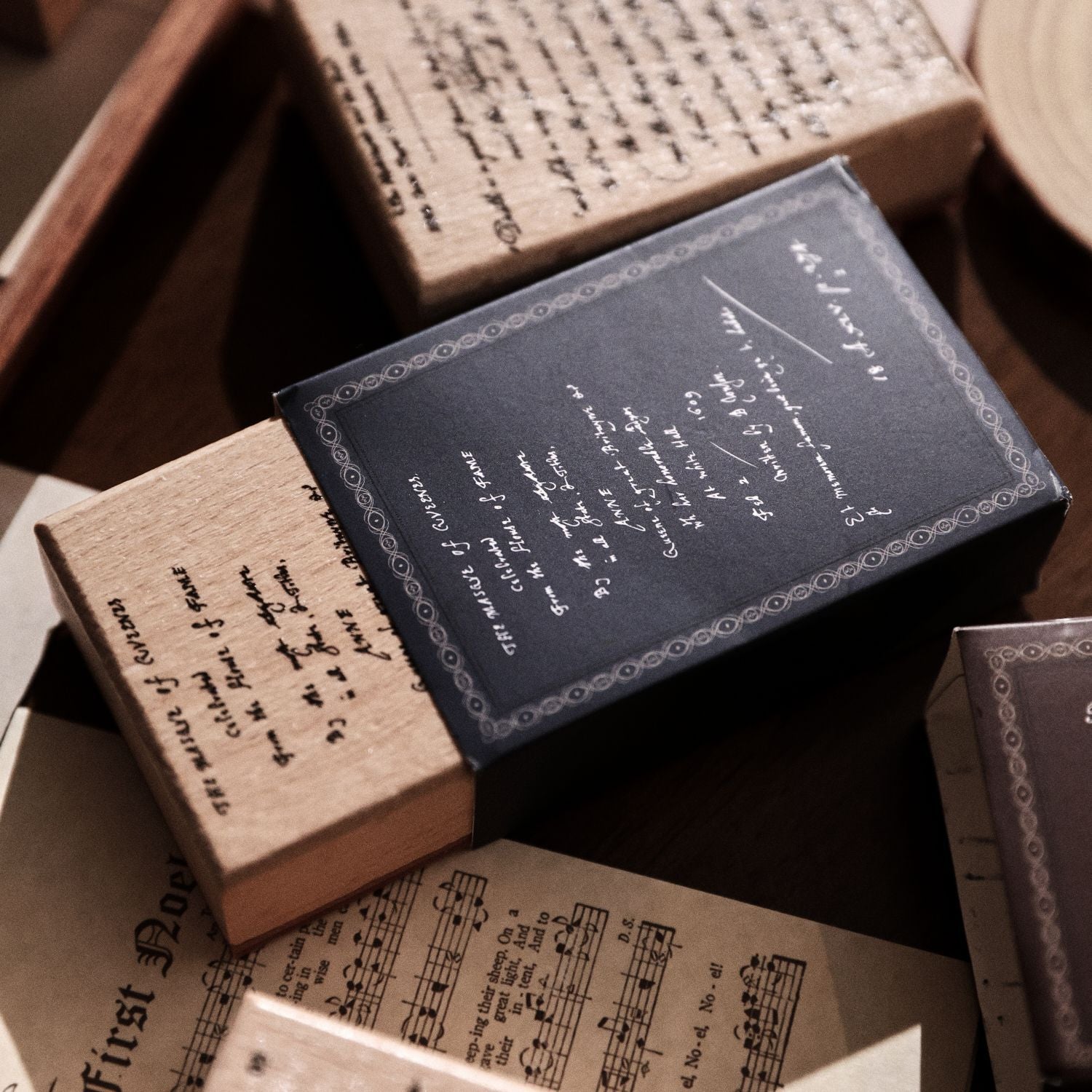 Vintage wooden stamp set with literary text designs