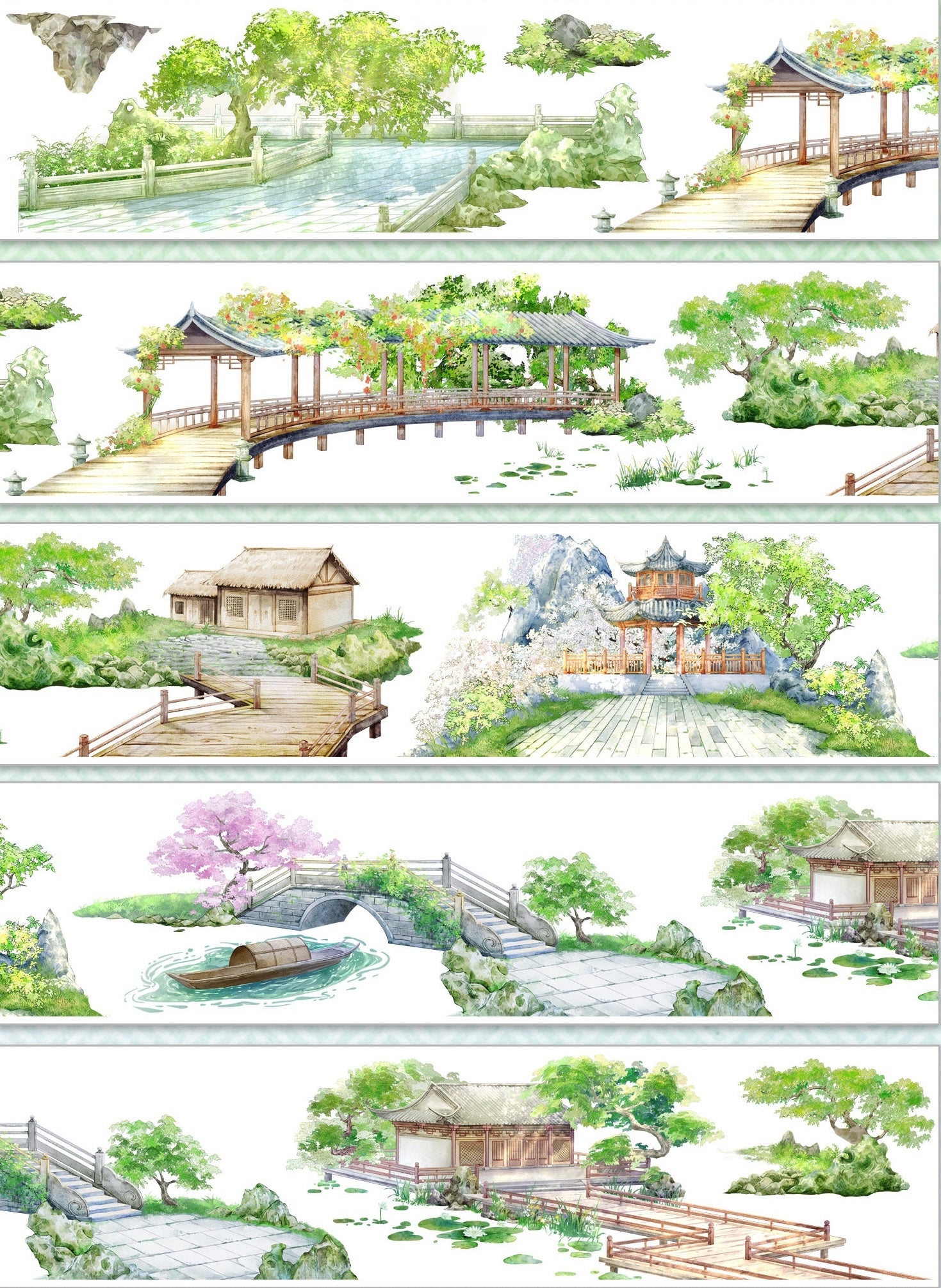 Watercolor classical garden PET tape design with bridges, stairs, pavilions, pond, trees, and stone paths