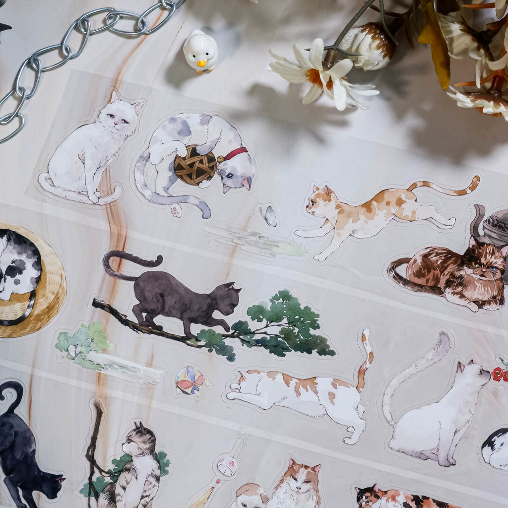Shroomi's Courtyard Cats PET cut-out tape featuring hand-painted cats and courtyard scenes for journaling