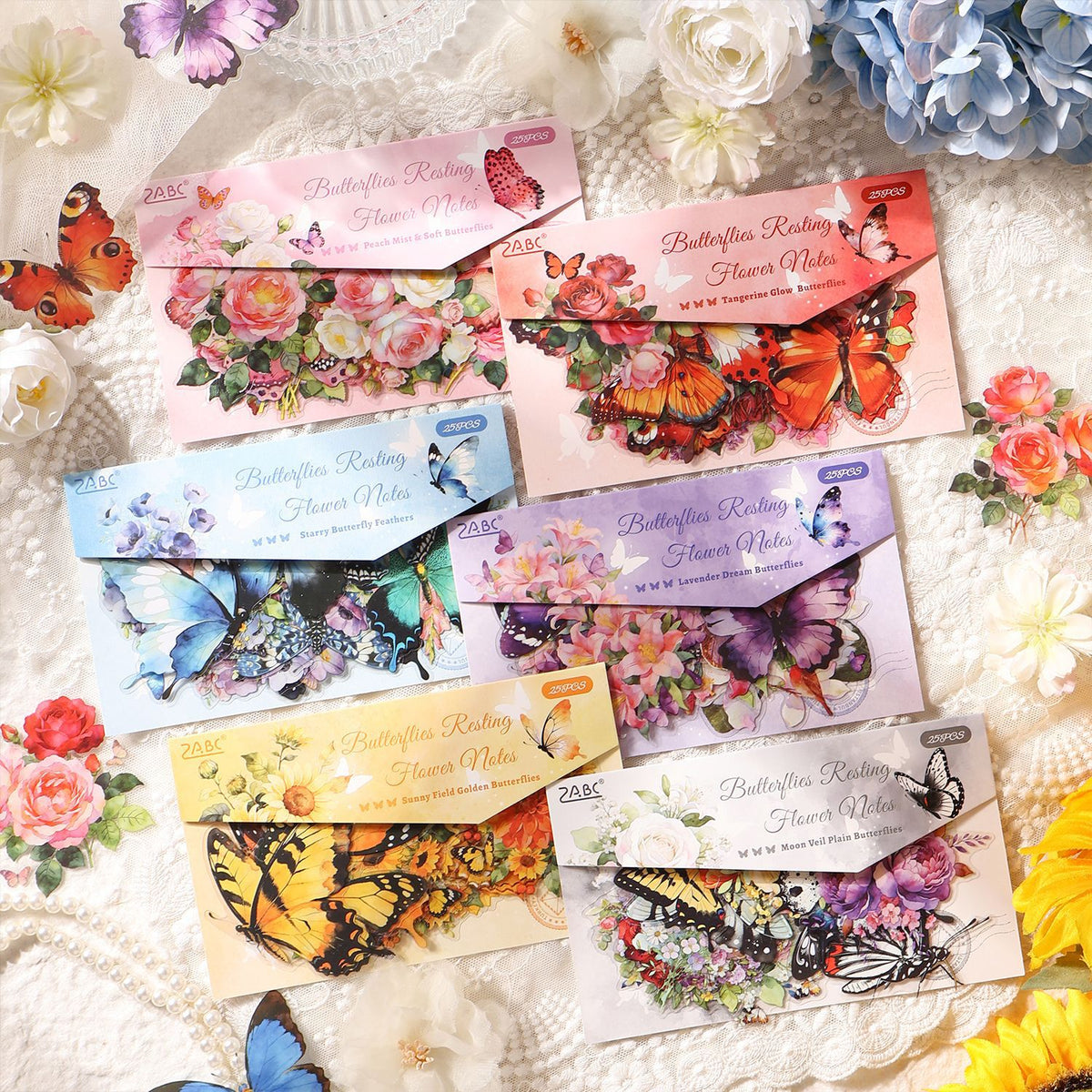 Six packaged butterfly and flower sticker packs in assorted colors