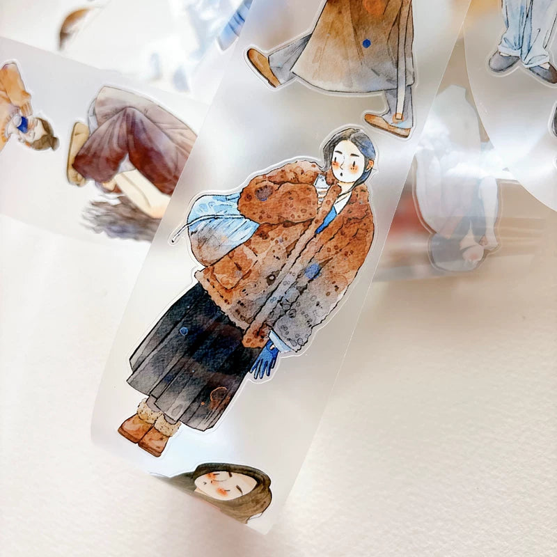 Close-up of girl in brown coat on die-cut PET tape