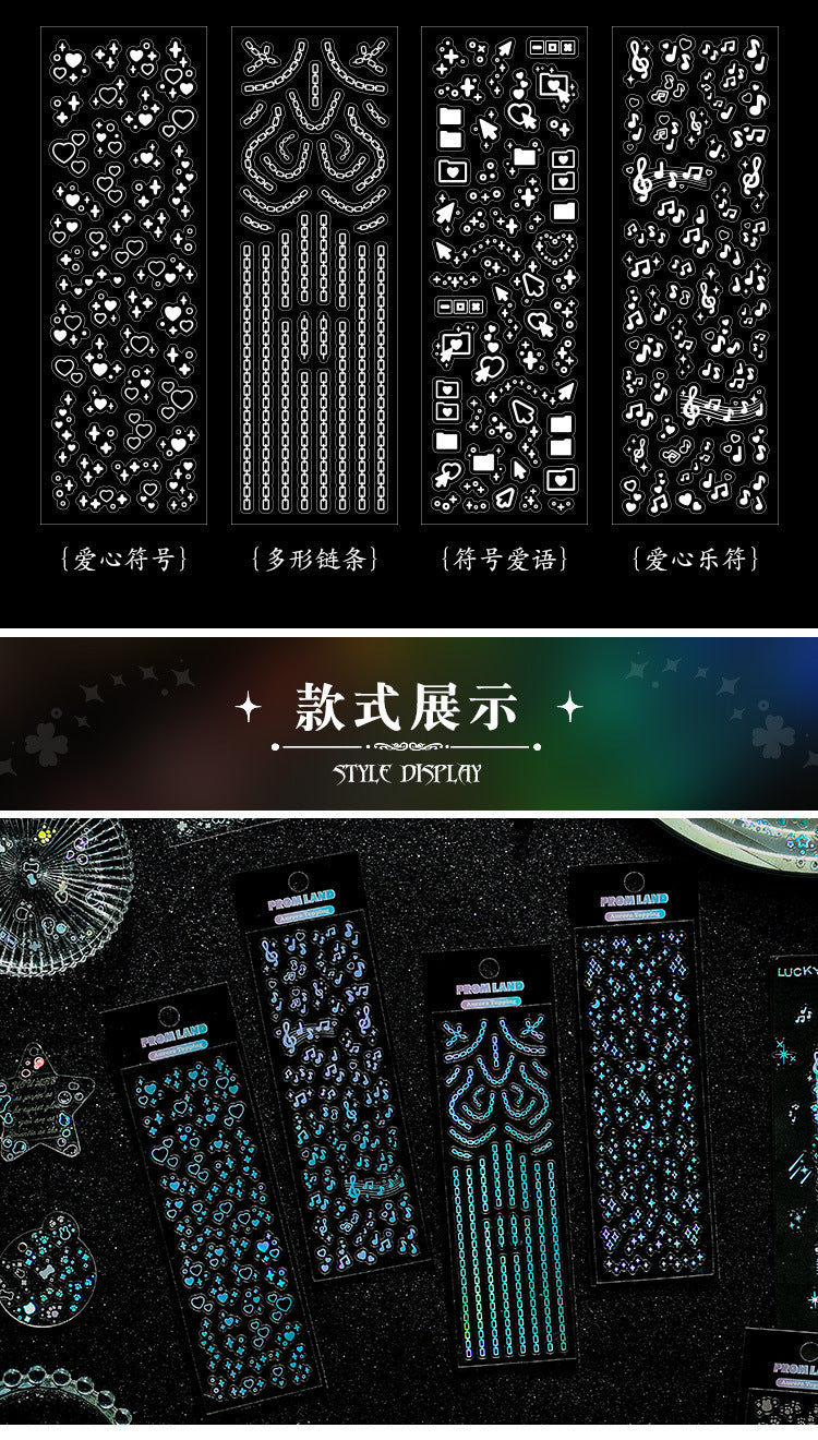 PROM LAND aurora holographic laser sticker sheet – iridescent shimmer on dark background, 12pcs