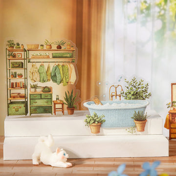 Cozy Embroidered Home Sticker Pack with bathtub, plants, shelves, and warm window light