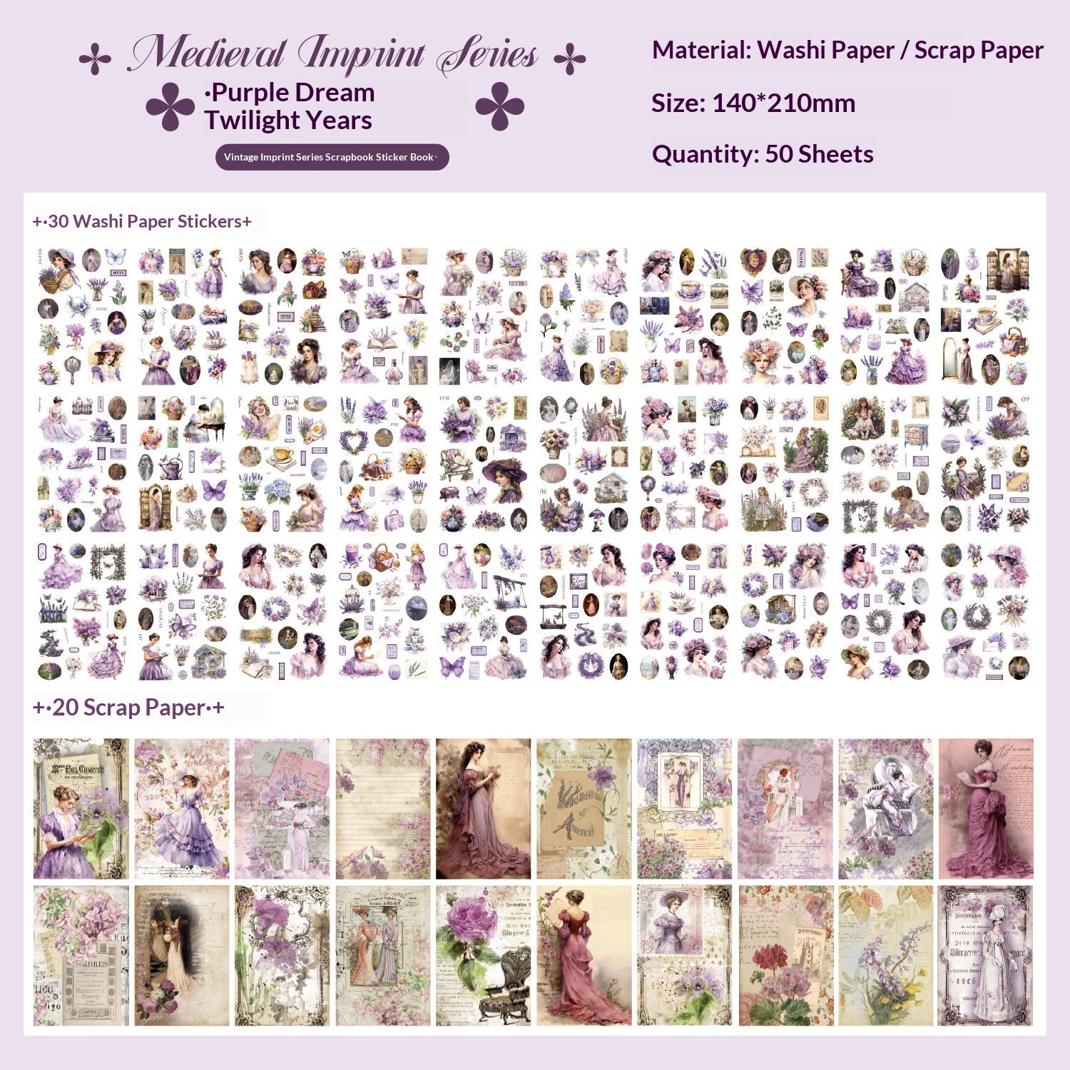 Vintage decorative sticker book showing blank floral frames and journaling backgrounds