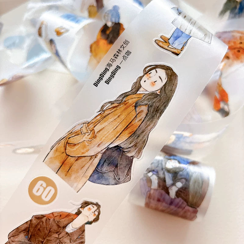 Die-cut autumn fashion girls tape pieces layered on white paper