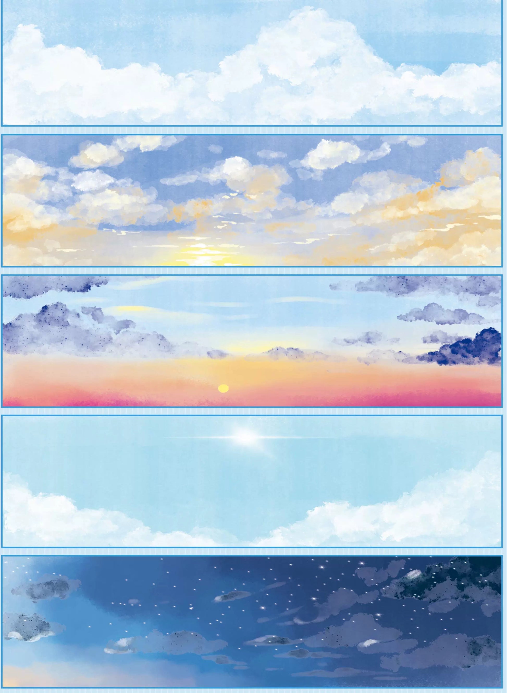 Shroomi Four Seasons Sky Background PET Tape complete set of 5 strips: pale white cloud sky, golden sunset sky, orange-pink dusk with setting sun, bright radiant midday sky, and deep indigo starry night
