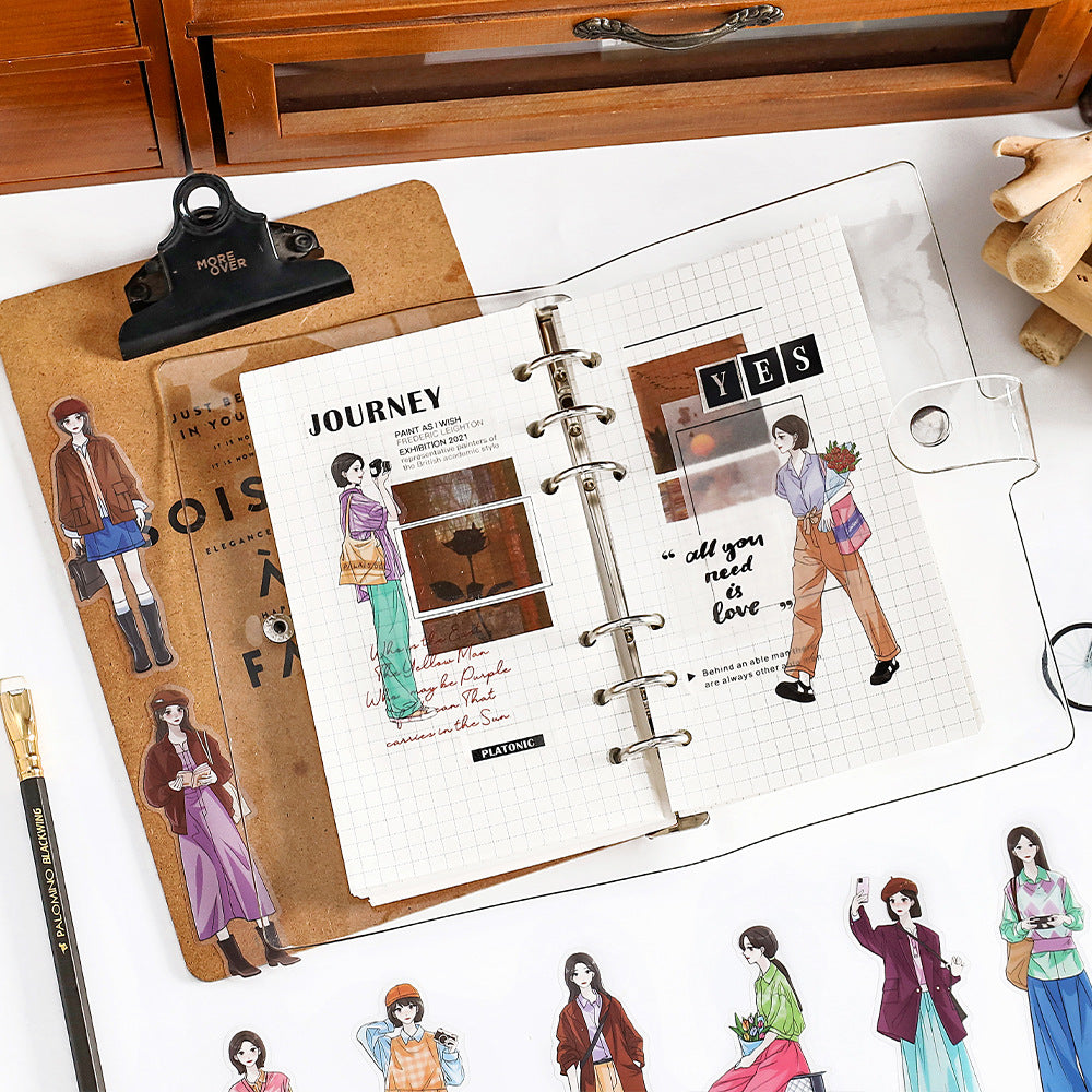 Ideal Life PET sticker pack used in a ring binder journal with character pieces and collage notes