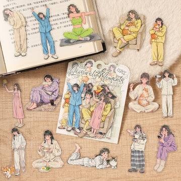 Die-cut sticker sheet of a girl in cozy loungewear doing daily activities, "Leisurely Moments" pack