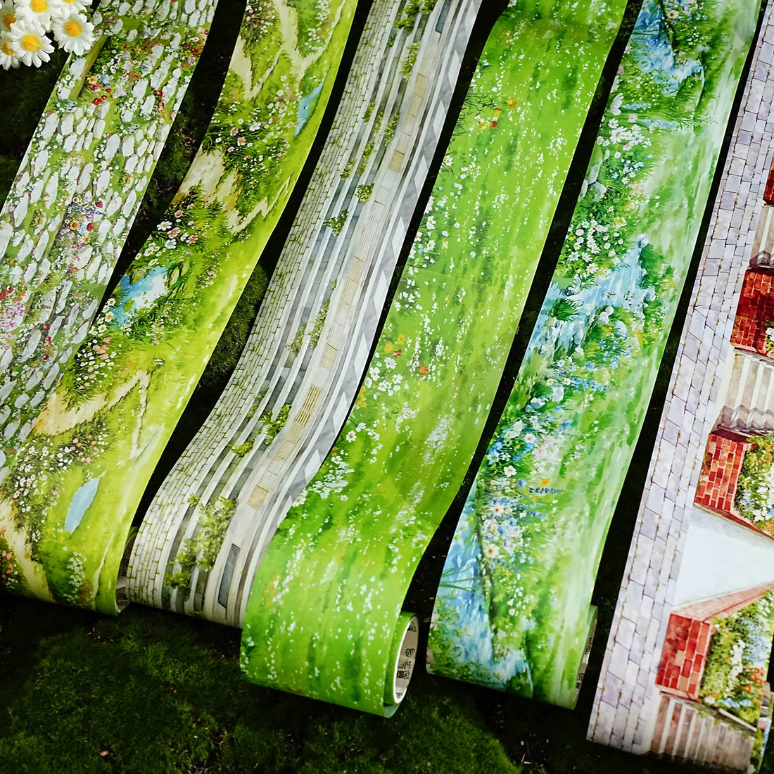 Among the Greenery PET tape rolls – watercolor garden meadow scenes, 60mm wide