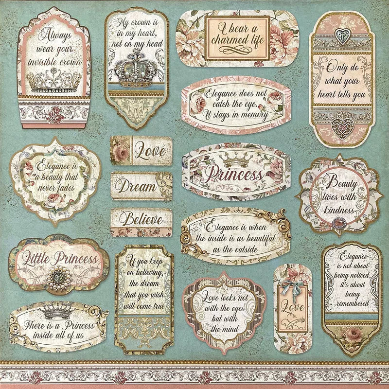 Vintage quote stickers with crowns, roses, ornate frames, and elegant typography
