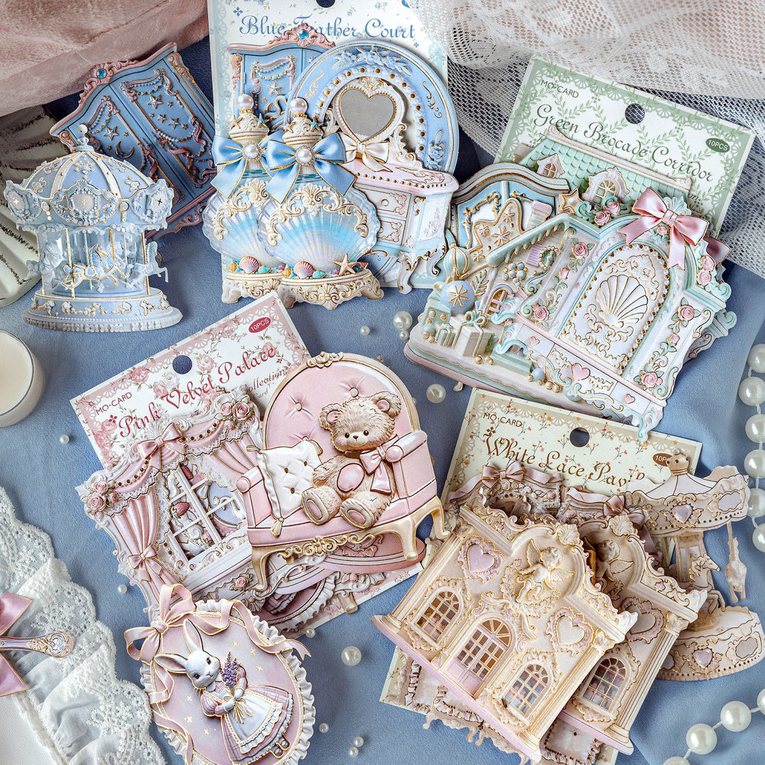 Pastel rococo embossed collage sticker cards with ornate furniture, mirrors, bows, and frame accents - image 1