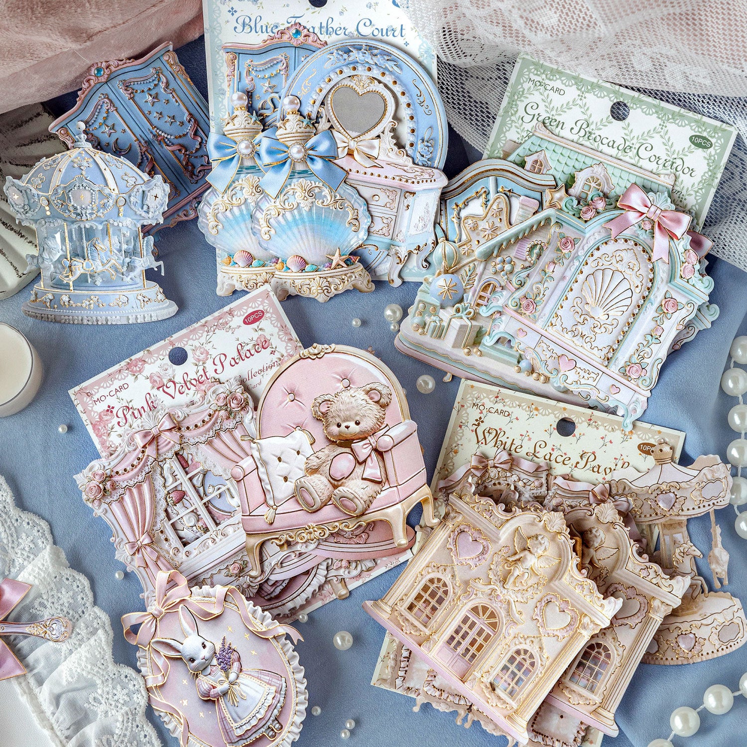 Pastel rococo embossed collage sticker cards with ornate furniture, mirrors, bows, and frame accents - image 1
