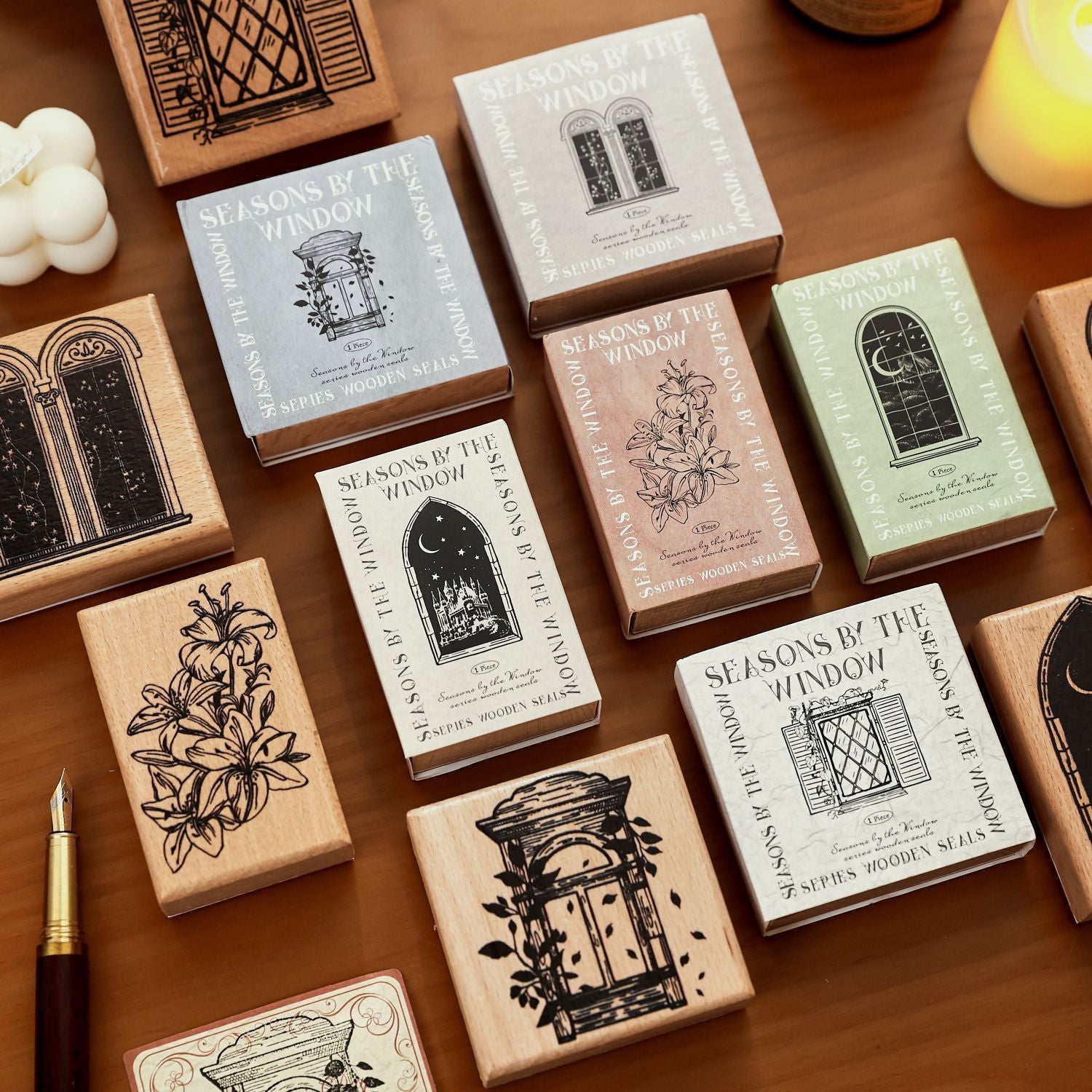 Wooden stamp set with seasonal window frame designs