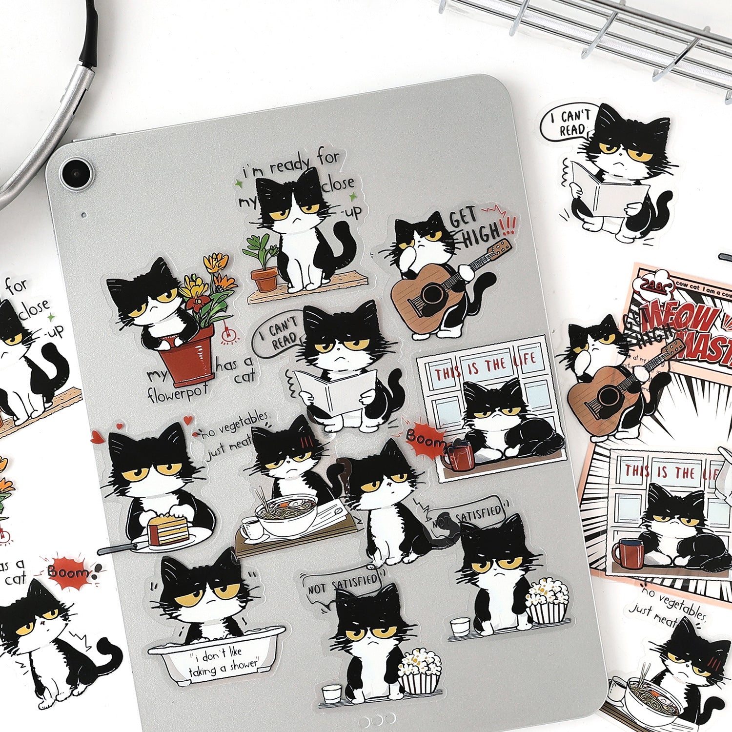 Comic style black and white cat sticker pack – Cat Star, Cool Cat, Cream Puff and Meow Master characters