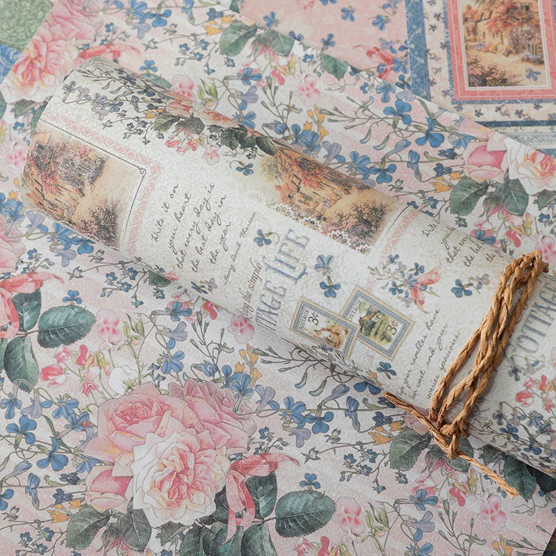 Cottage garden scrapbooking paper with roses, labels, and vintage decorative details