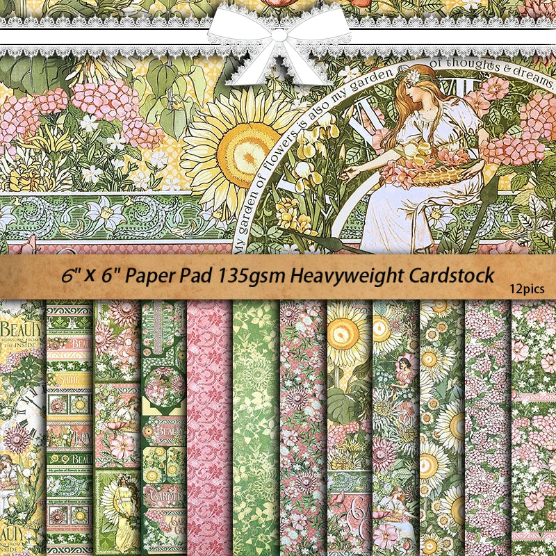 Vintage Goddess Garden Paper Pad - 12 Sheets Floral Botanical Figures Scrapbook Decorative Paper