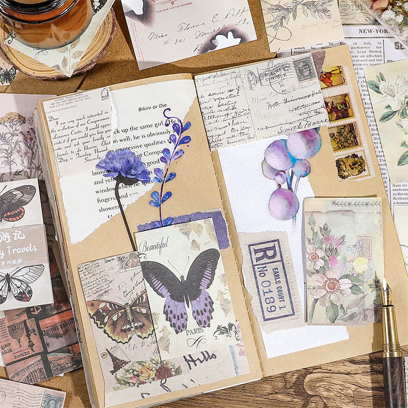 Vintage decorative paper pack 60 sheets – old newspaper, handwritten letter, butterfly, floral and map designs