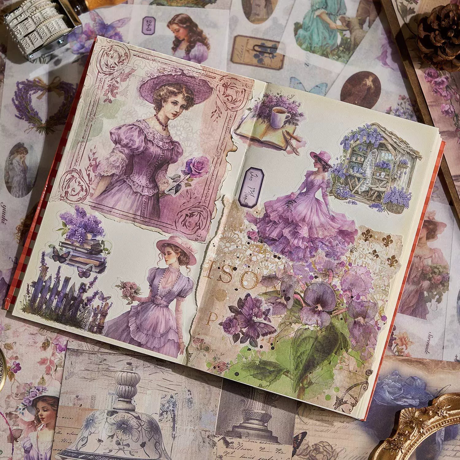 Vintage European portrait sticker book with floral motifs, tea scenes, and decorative paper designs