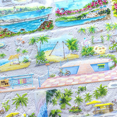 Scenic Coastal Observation Deck PET Tape showcasing seaside decks, tropical plants, and pastel ocean views on a transparent roll.