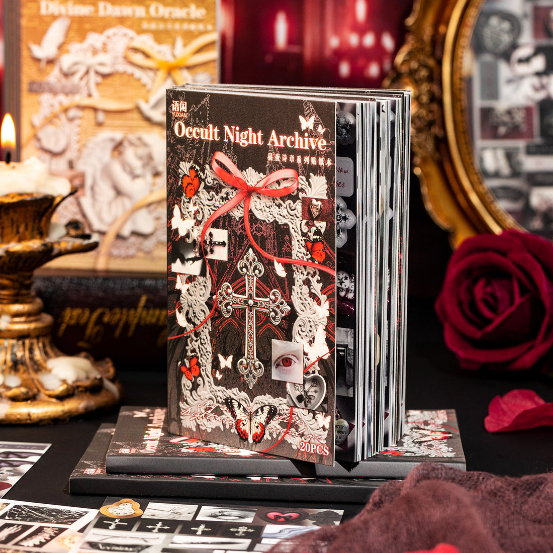 Occult Night gothic PET sticker book with crosses, angels, butterflies, ornate frames, and dark red accents - image 1