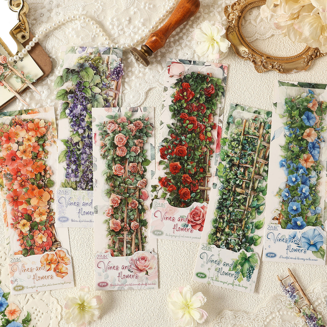 Vines and Flowers climbing vine sticker strips in red rose, orange, green, pink and blue colorways