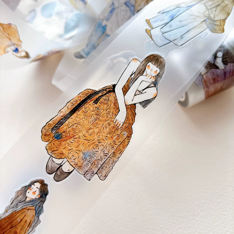 Detail of watercolor autumn fashion girls illustrations on tape