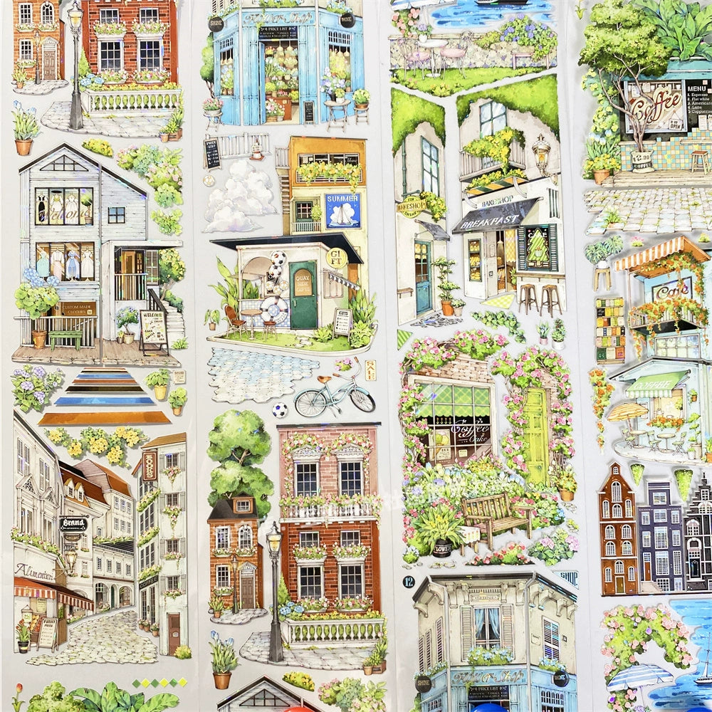 Charming Little Encounter PET Tape showcasing a cozy café street scene with quaint buildings, outdoor seating, and lush greenery.