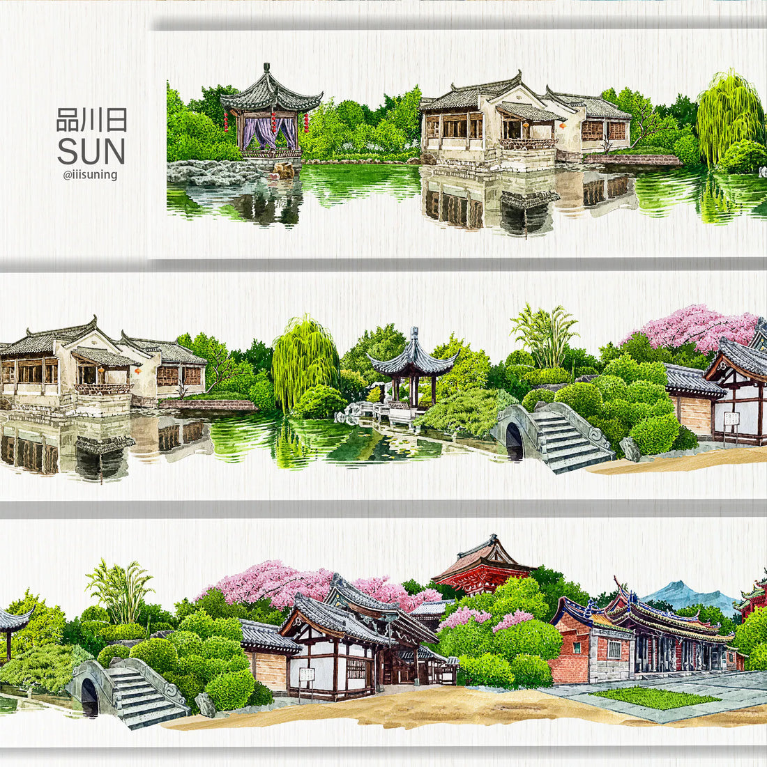 Solar Term Realm washi tape – East Asian temple and seasonal scenery, 8cm wide