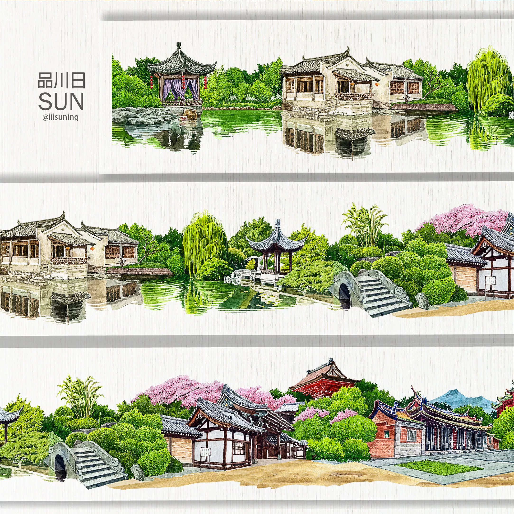 Solar Term Realm washi tape – East Asian temple and seasonal scenery, 8cm wide