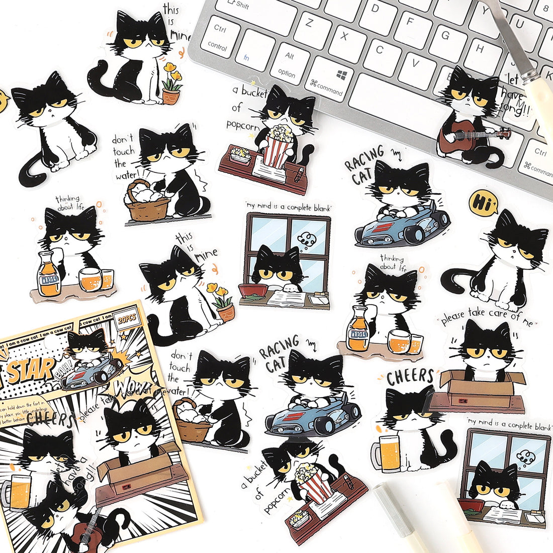 Comic style black and white cat sticker pack – Cat Star, Cool Cat, Cream Puff and Meow Master characters