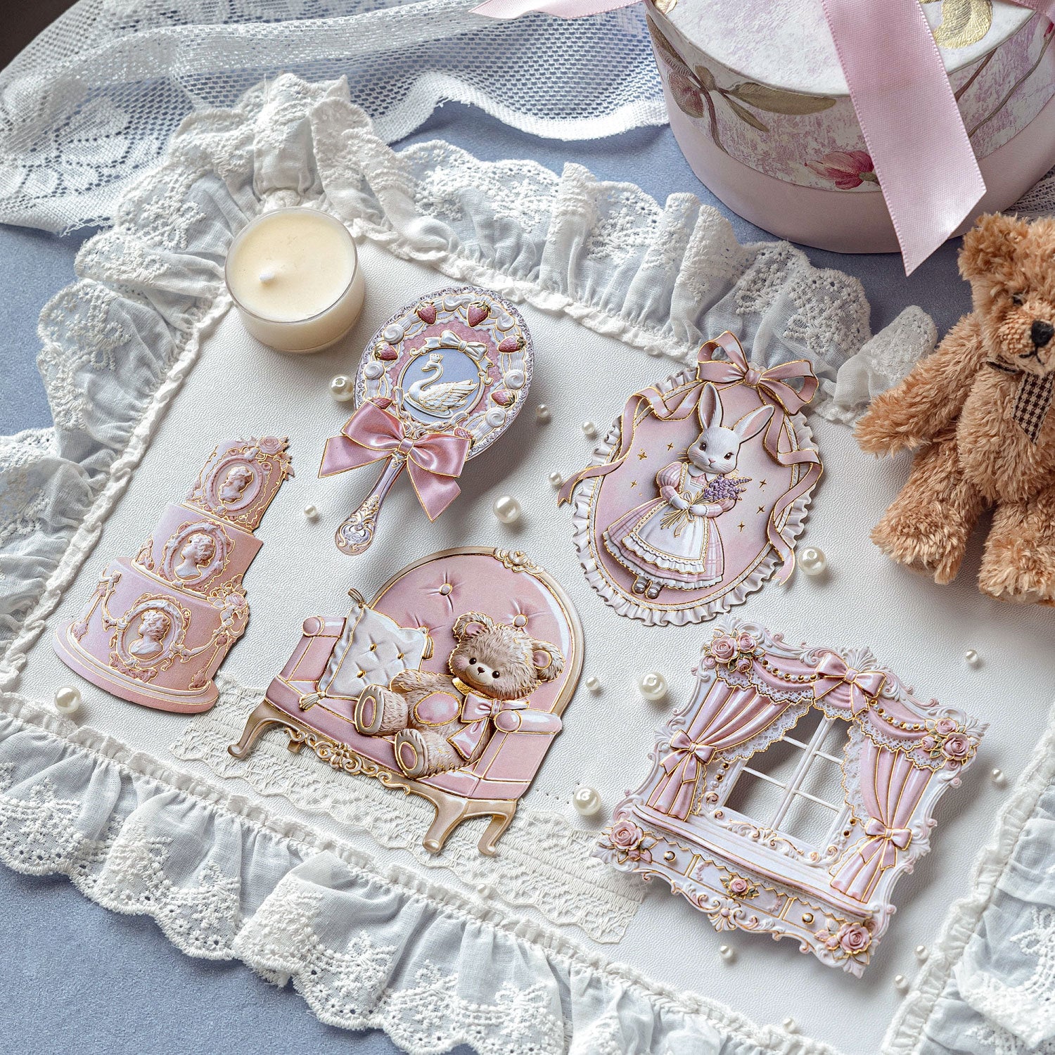 Pastel rococo embossed collage sticker cards with ornate furniture, mirrors, bows, and frame accents - image 4