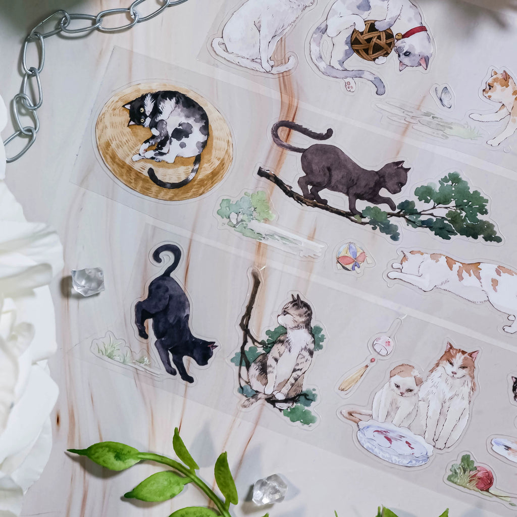 Shroomi's Courtyard Cats PET cut-out tape with hand-painted cats and scenery for scrapbooking