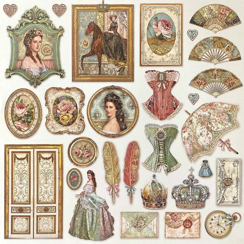 Vintage courtly sticker pack with portraits, ornate frames, crowns, dresses, fans, feathers, and envelopes
