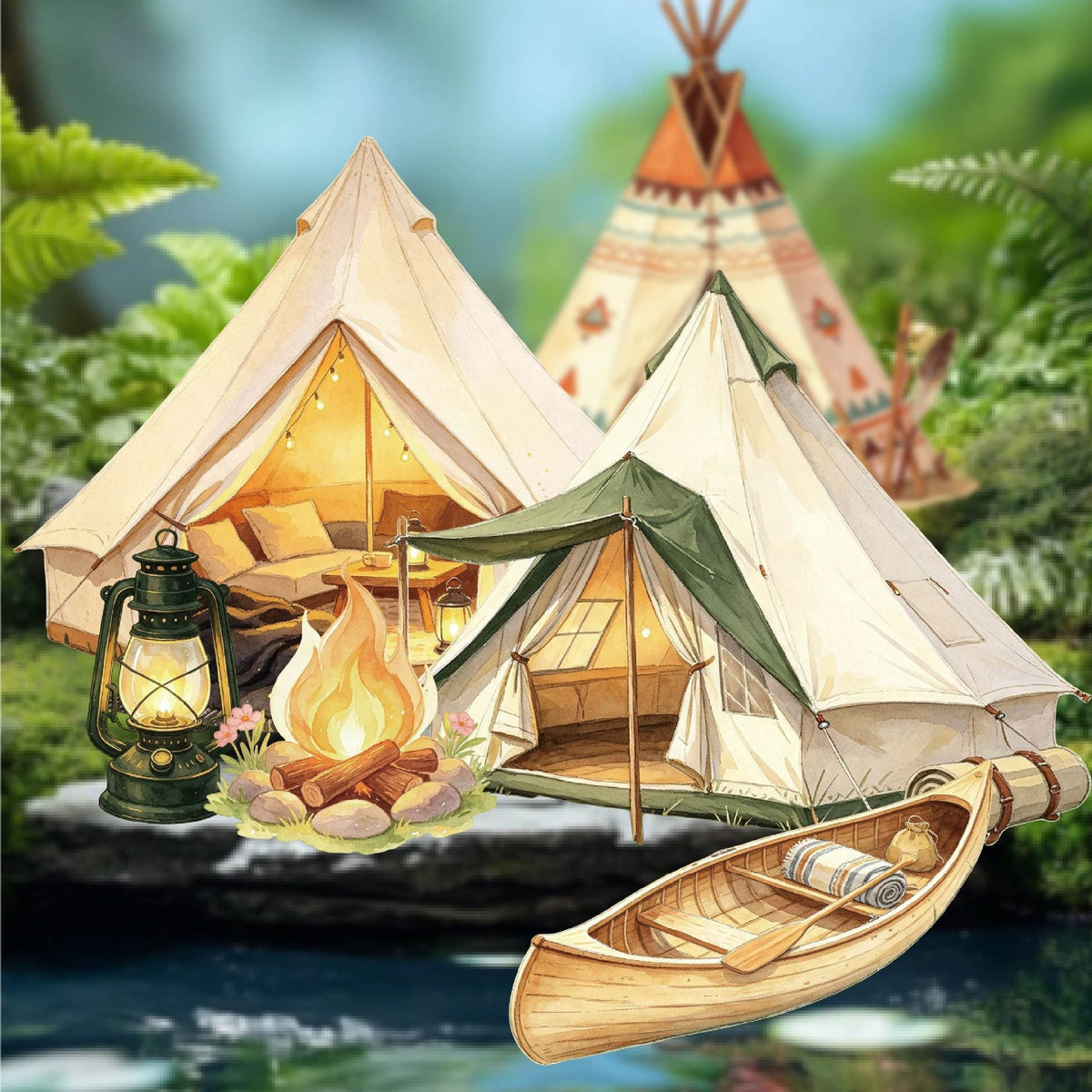Forest lakeside camping stickers with tents, lantern and canoe