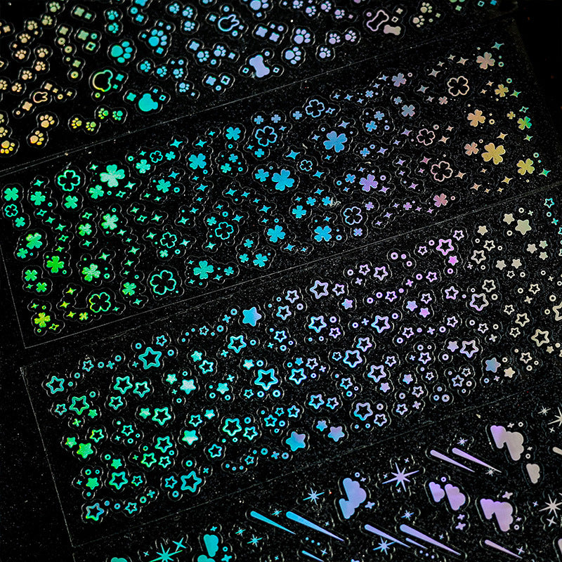 PROM LAND aurora holographic laser sticker sheet – iridescent shimmer on dark background, 12pcs