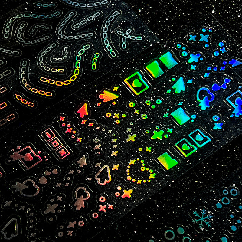 PROM LAND aurora holographic laser sticker sheet – iridescent shimmer on dark background, 12pcs