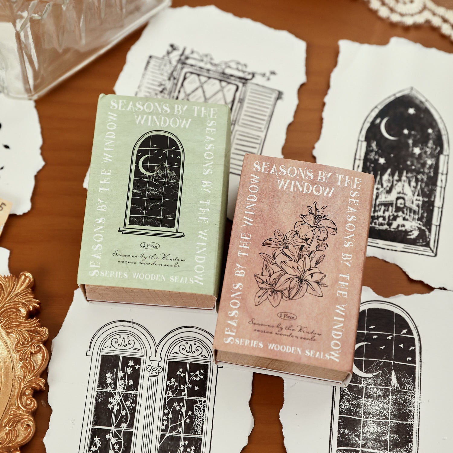 Wooden stamp set with seasonal window frame designs