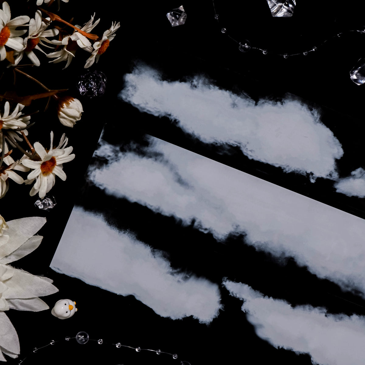 Misty white cloud patterns on black PET tape roll for scrapbooking