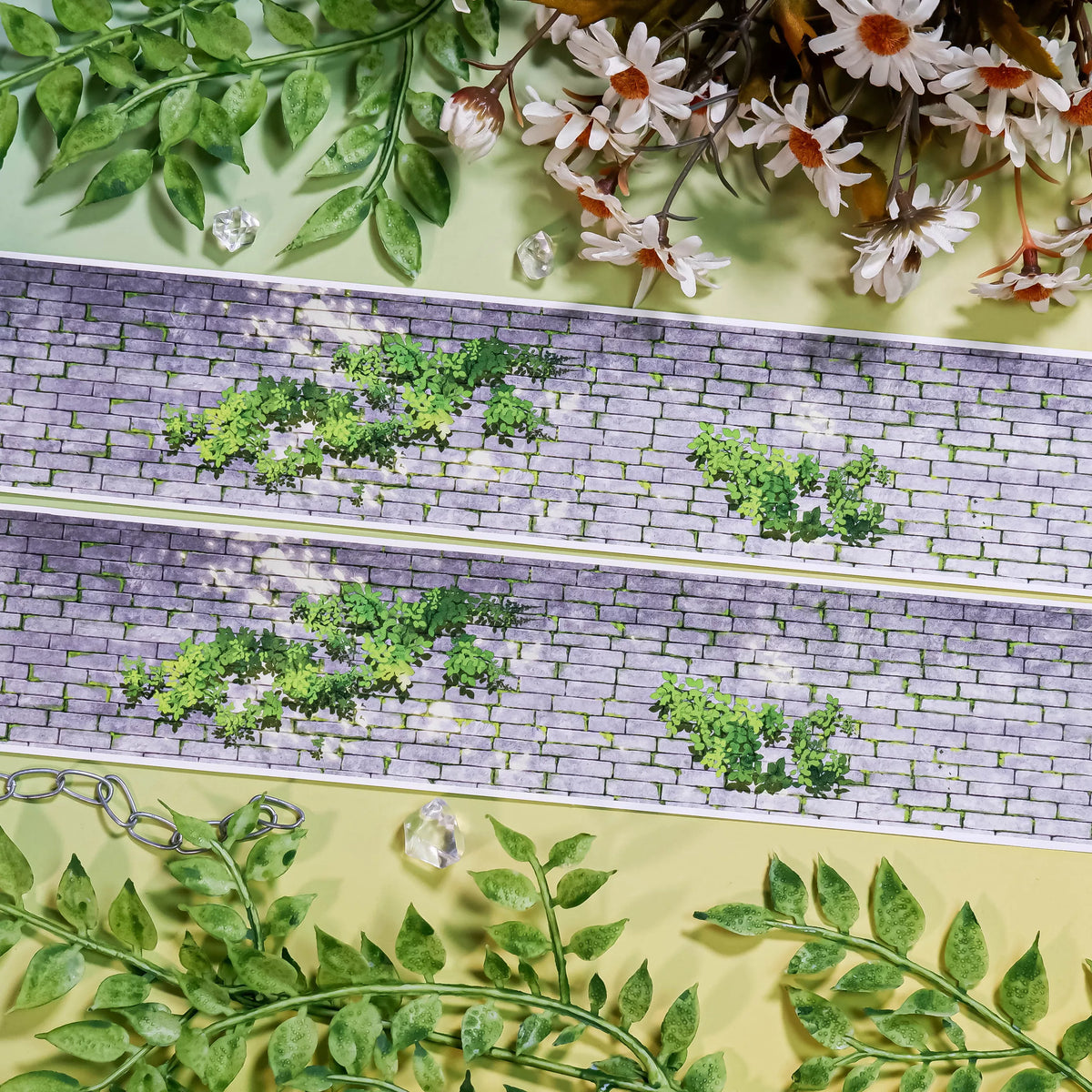 Mossy Brick Wall Washi Tape – weathered gray brick wall pattern with patches of green moss