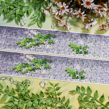 Mossy Brick Wall Washi Tape – weathered gray brick wall pattern with patches of green moss