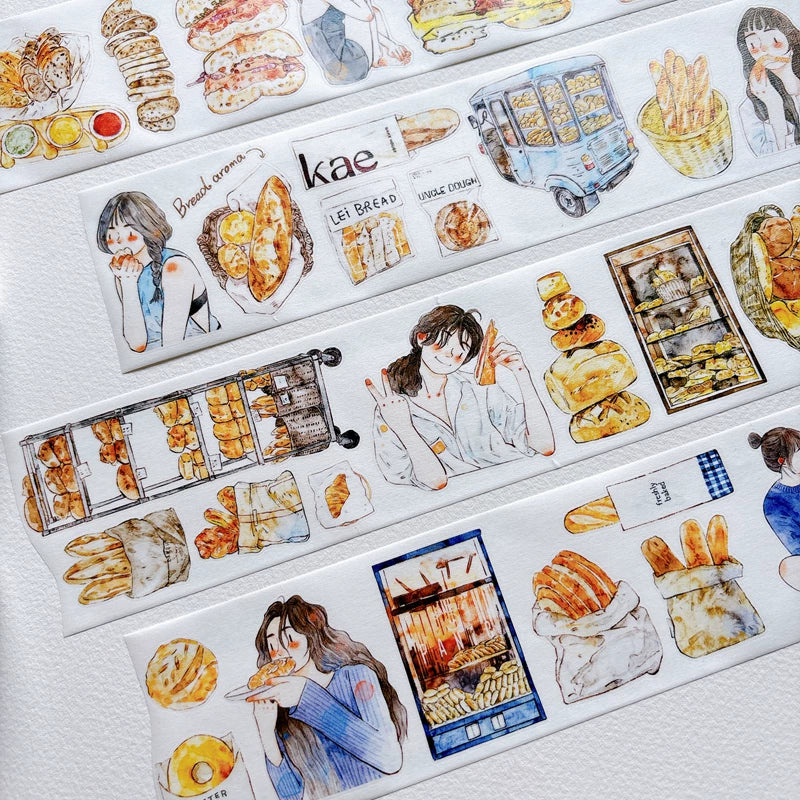 Detail of watercolor bakery girls and bread illustrations on tape