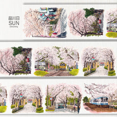 Delicate Pink Floral Fragrance PET Tape featuring cherry blossoms, serene railway tracks, and dreamy spring pathways.