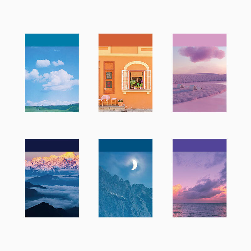 Sky and night photography sticker booklet – starry night, sunset glow, moon and purple cloud scenes