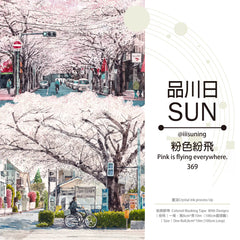 Delicate cherry blossom PET tape in soft pink, showcasing petals floating over serene Japanese streets and urban scenes.
