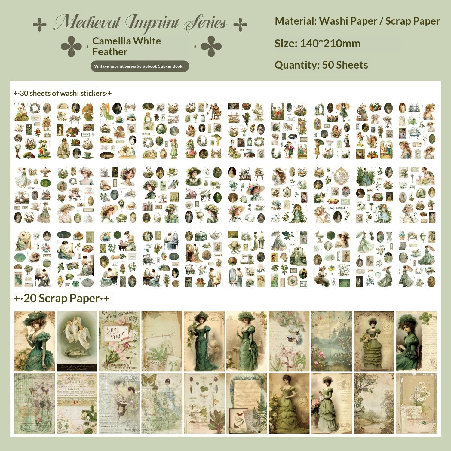 Vintage sticker book pages with European women, floral scenes, and decorative journaling elements