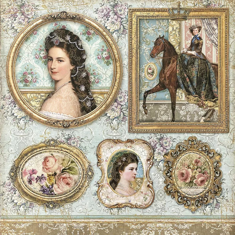 Vintage courtly decorative stickers with elegant portraits, floral frames, and a horse-riding scene