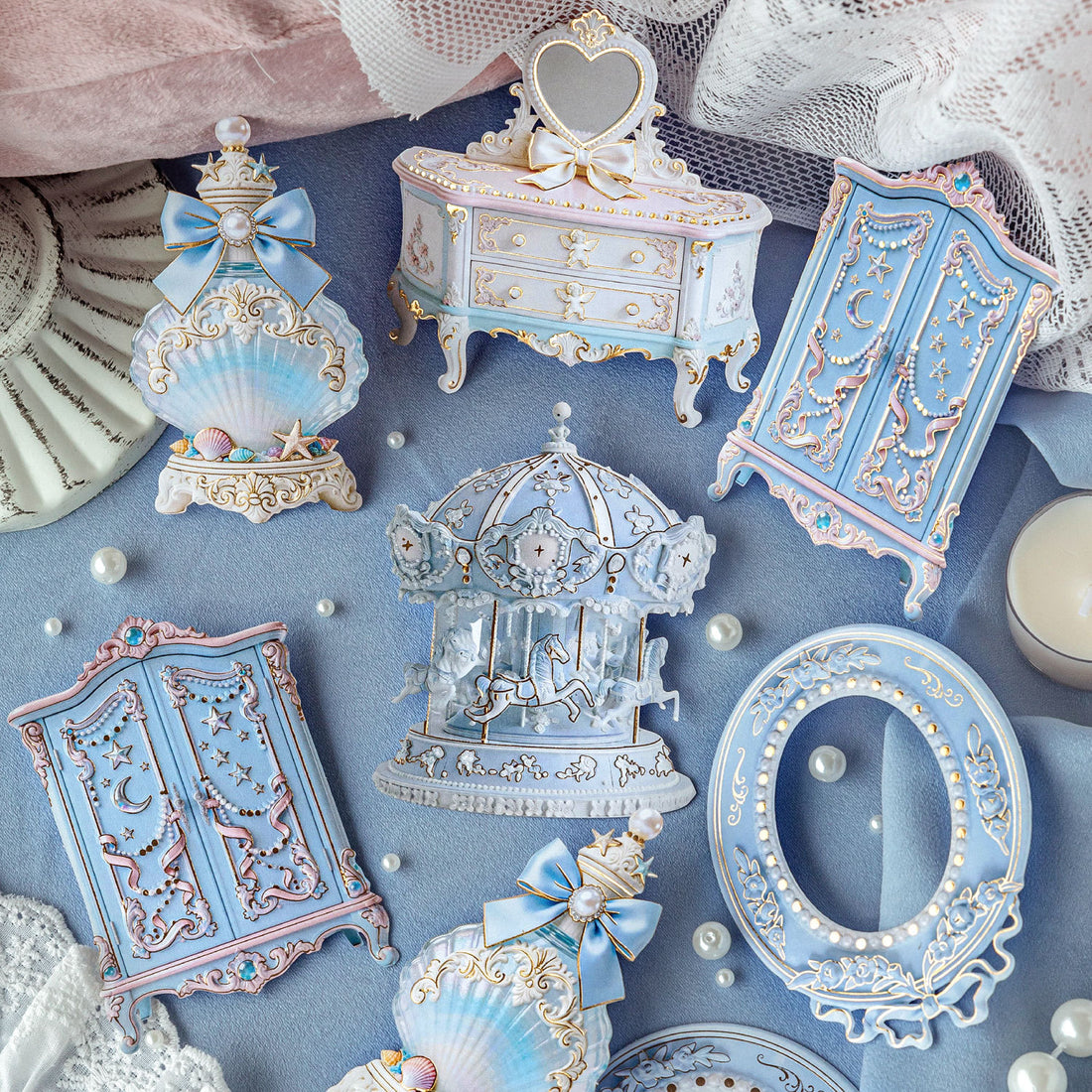 Pastel rococo embossed collage sticker cards with ornate furniture, mirrors, bows, and frame accents - image 1