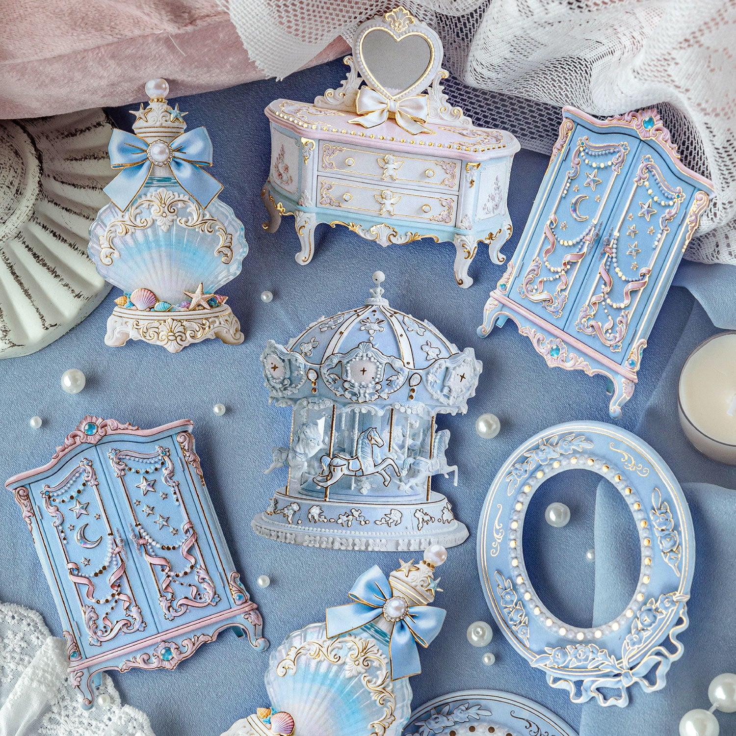 Pastel rococo embossed collage sticker cards with ornate furniture, mirrors, bows, and frame accents - image 2