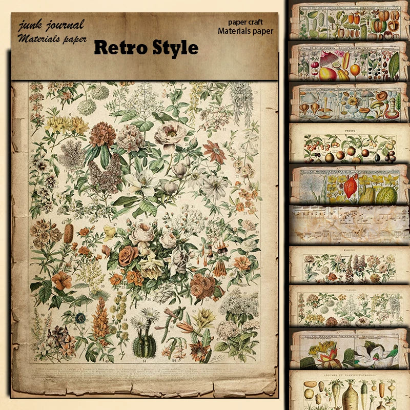 Vintage Botanical Book Pages Paper Pad - 10 Sheets 5.5" x 7" Aged Plant Scrapbook Decorative Paper