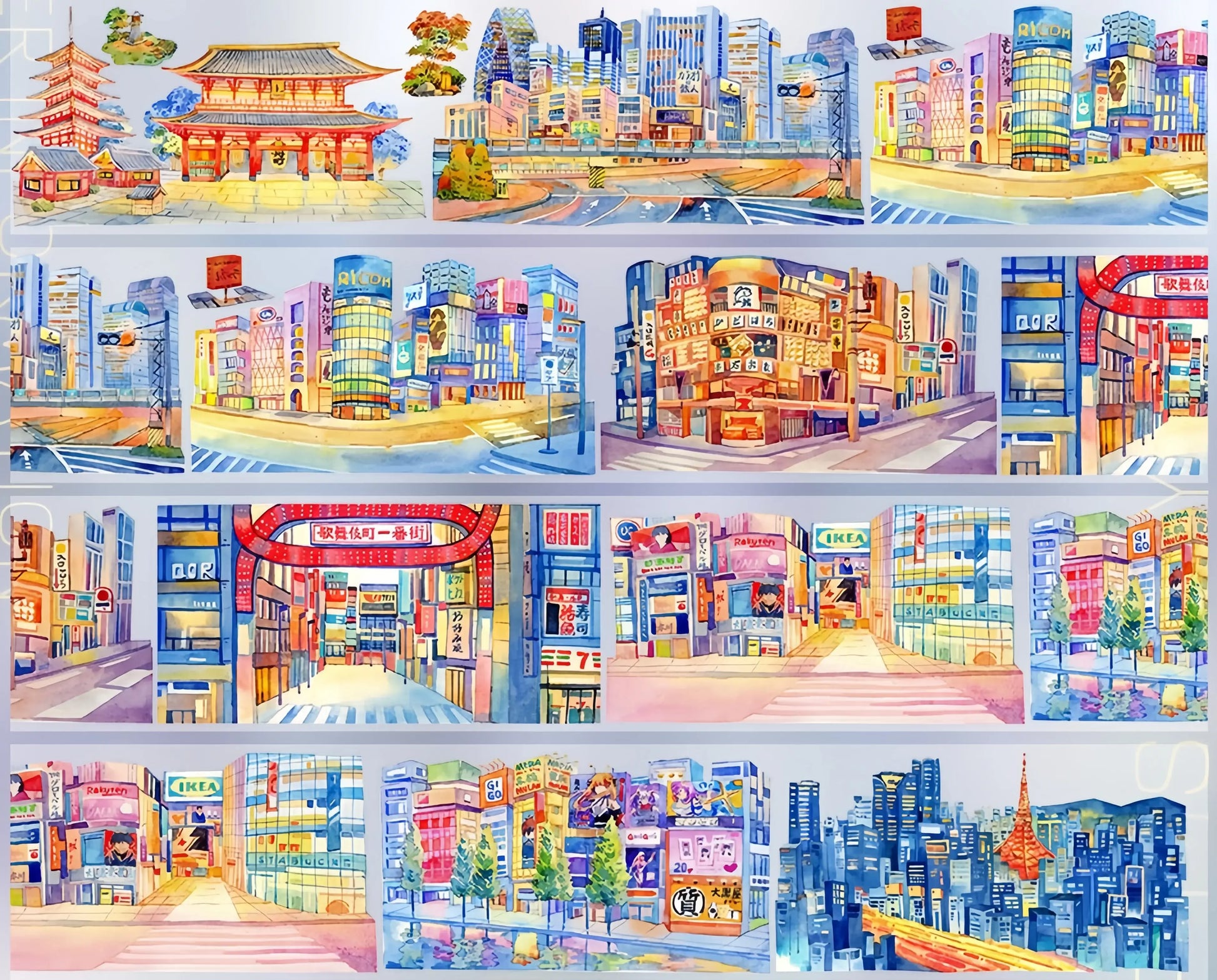 Tokyo Night Cityscape PET Tape layout with urban streets, signs, towers, and glowing storefront panels